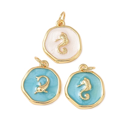 Латунные подвески, с эмалью, плоский круг с подвесками в виде морского конька/рыбы, без кадмия и без свинца, стойки покрытие, долговечный, с целью перехода в кольце, реальный 18 k позолоченный