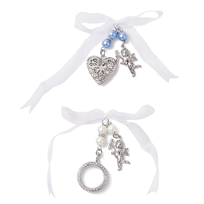 2 шт. 2 стили сердце и плоские круглые сплавы страз свадебный букет фото медальон подвеска украшения, со стеклянными жемчужными бусинами и лентой из органзы с бантом