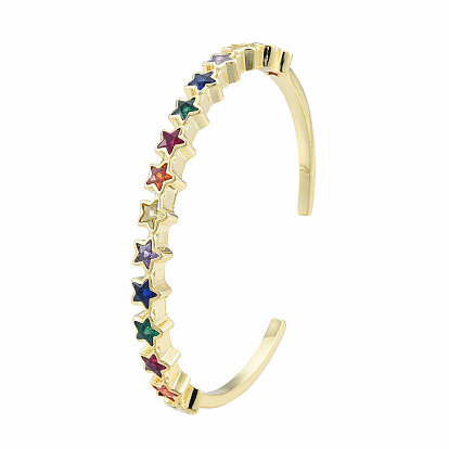 Cubic Zirconia Star Open Cuff Bangle, Real 18K Gold Plated Brass Jewelry for Women