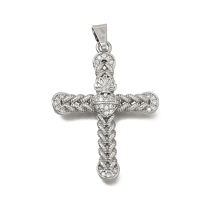 Brass Micro Pave Clear Cubic Zirconia Pendants, Cross with Sacred Heart Charms