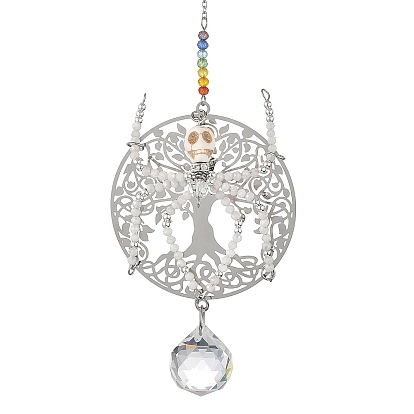 Halloween 304 Stainless Steel Flat Round with Tree of Life Hanging Suncatchers, Glass Spider Teardrop & Synthetic Turquoise Skull Window Hanging Decoration