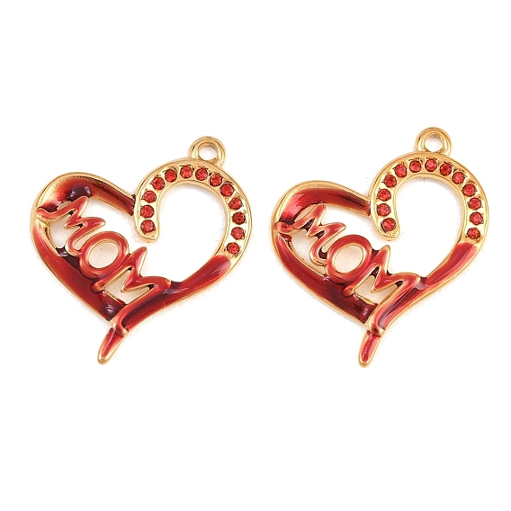 Mother's Day 304 Stainless Steel Enamel & Rhinestone Pendants, Heart with Word MOM Charms, Ion Plating(IP)