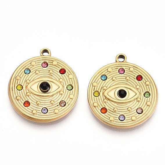 304 из нержавеющей стали горный хрусталь подвески, плоский круглый сглаз, ионное покрытие (ip), реальный 18 k позолоченный