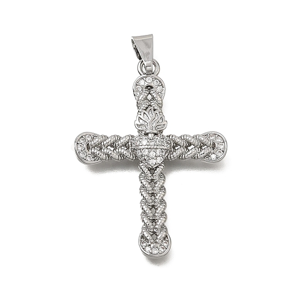 Brass Micro Pave Clear Cubic Zirconia Pendants, Cross with Sacred Heart Charms