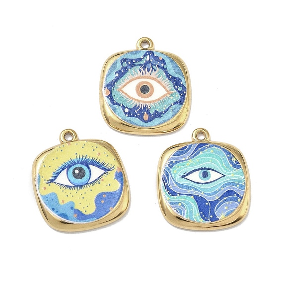 304 нержавеющей стальной эмали подвески, квадрат с амулетами от сглаза, ионное покрытие (ip), реальный 18 k позолоченный