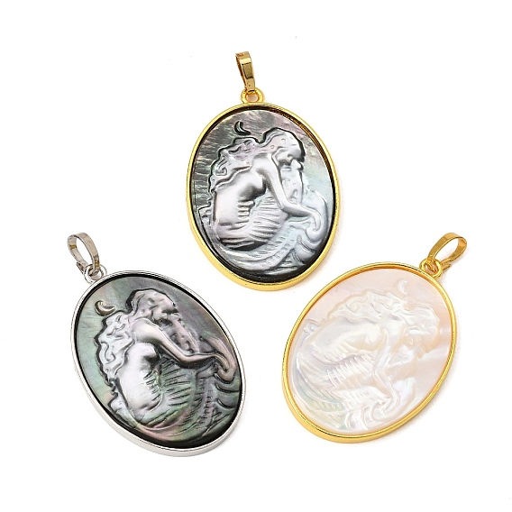 Rack Plating Carved Natural Shell Pendants, Oval with Goddess Charm, with Brass Findings