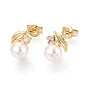 Серьги-гвоздики из латуни с микропаве из прозрачных кубических цирконий, с натуральной жемчужиной
