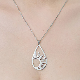 201 Stainless Steel Hollow Teardrop with Sun Pendant Necklace