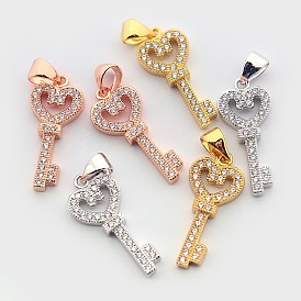 Brass Micro Pave Cubic Zirconia Skeleton Key Pendants, Cadmium Free & Nickel Free & Lead Free, 22x10x3mm, Hole: 4x3mm