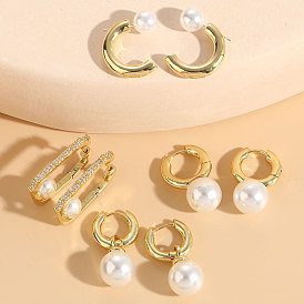 Bohemian Style Zircon Geometric Pearl Earrings - Elegant, Luxurious and Light Luxury 14K Gold Plated Copper Ear Hoops