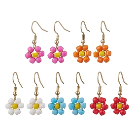 Glass Seed Flower Dangle Earrings, 304 Stainless Steel Earring Hooks, Golden