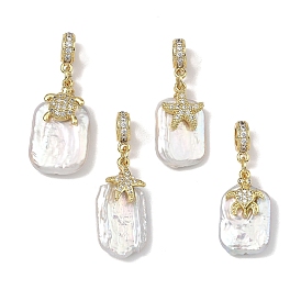 Ocean Natural Baroque Keshi Pearl and Brass Micro Pave Cubic Zirconia European Dangle Charms, Rectangle with Starfish/Turtle Large Hole Pendants, White