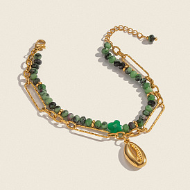 Браслеты из натурального зеленого авантюрина с бусинами и цепочками Фигаро из нержавеющей стали с двойным слоем, 304 Браслеты с подвесками в форме ракушек каури из нержавеющей стали для женщин