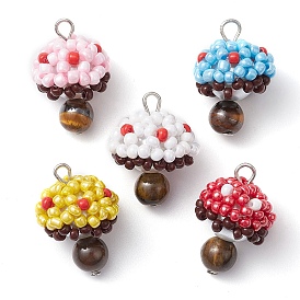 Handmade Glass Seed & Natural Tiger Eye Beads, Loom Pattern, with Iron Loop, Mushroom Pendants