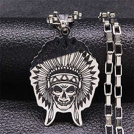 304 Stainless Steel Enamel Pendant Necklaces, Tribal Halloween Skull