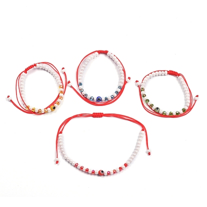 Adjustable Nylon Thread Braided Bead Bracelets, with Glass Beads, Evil Eye Lampwork Round Beads and Glass Seed Beads
