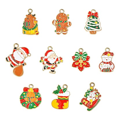 40Pcs 10 Styles Christmas Alloy Enamel Pendants, Golden, Santa Claus/Christmas Wreath/Snowman