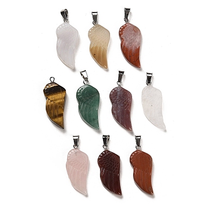 Natural Mixed Gemstone Pendants, Wing Charms with Platinum Plated Iron Snap on Bails