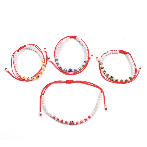 Adjustable Nylon Thread Braided Bead Bracelets, with Glass Beads, Evil Eye Lampwork Round Beads and Glass Seed Beads
