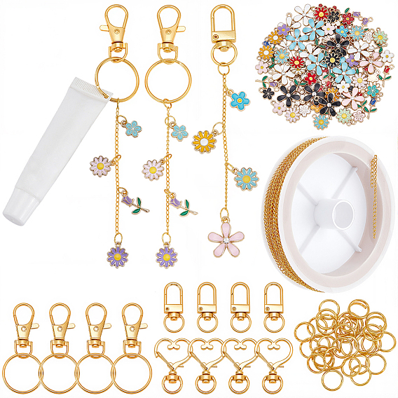 Наборы для изготовления ключей своими руками, Включите латунные витые цепи, сплав эмали цветочные кулоны, сплава брелок застежки, железа открыты кольца прыжок