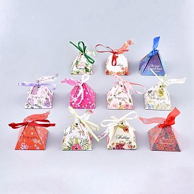 Pyramid Shape Candy Packaging Box, Happy Day Wedding Party Gift Box, with Ribbon and Paper Card, Flower/Starry Sky Pattern