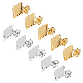 304 Stainless Steel Stud Earring Findings, with Loop and Ear Nut, Rhombus