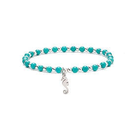 Pulsera elástica con cuentas de howlita natural 304 dijes de caballitos de mar de acero inoxidable, joyas de piedras preciosas para mujeres