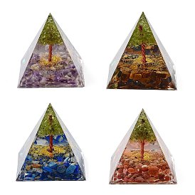 Orgonite Pyramid Resin Energy Generators, Reiki Natural Gemstone Chips & Wire Wrapped Natural Peridot Tree of Life Inside for Home Office Desk Decoration