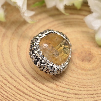 Flat Round Natural Citrine Beads, with Polymer Clay Rhinestones, 20~23x17~19x10mm, Hole: 1mm
