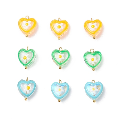 9шт 3 цвета латунные стеклянные подвески, Сердце со цветками , с эмалью