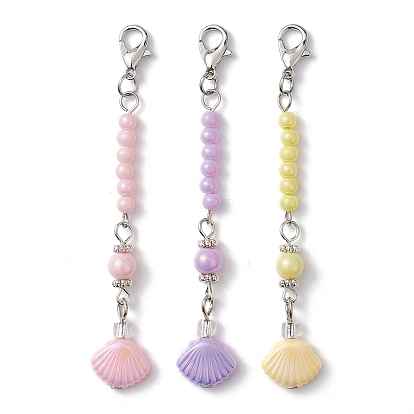 3Pcs ABS Plastic Imitation Shell Pendant Decoratrions, with Acrylic Beads and Zinc Alloy Lobster Claw Clasps