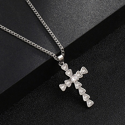 Brass Micro Pave Clear/Black Cubic Zirconia Cross Pendant Necklaces, 201 Stainless Steel Chains Necklaces