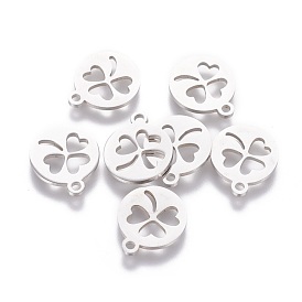 201 Stainless Steel Charms, Flat Round with Clover