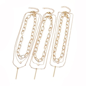 Double Layered & Chain Necklaces Sets, with Brass Pendants & Cable Chains, Aluminium Paperclip Chains, 304 Stainless Steel Toggle Clasps & Lobster Claw Clasps, Stick