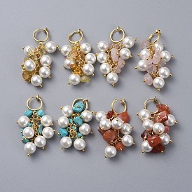 Pendientes con clip de piedras preciosas, con perlas de concha de perla, hallazgos de pendientes de aro de latón y caja de embalaje de cartón