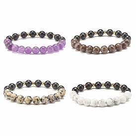 Natural Wood & Stone Round Beaded Stretch Bracelet, Yoga Gemstone Jewelry for Women