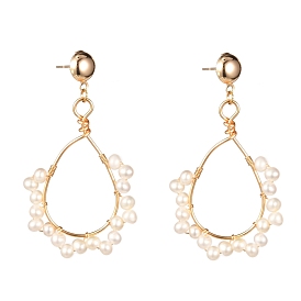 Teardrop Natural Pearl Beads Dangle Stud Earrings for Girl Women, Golden