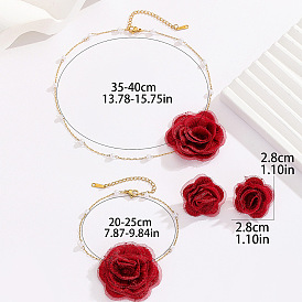 Ожерелья с подвесками из розовой ткани и пластикового жемчуга, браслеты с подвесками и комплекты серег-гвоздиков, 304 нержавеющей стали ювелирных изделий, золотые