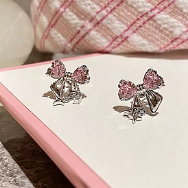 Alloy Rhinestone Stud Earrings for Women, Bowknot with Star