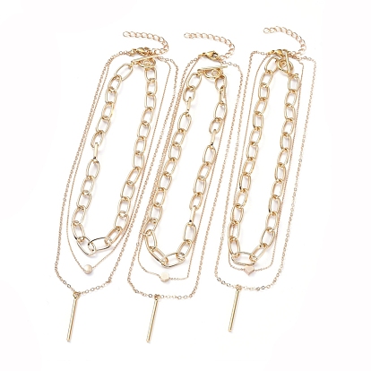 Double Layered & Chain Necklaces Sets, with Brass Pendants & Cable Chains, Aluminium Paperclip Chains, 304 Stainless Steel Toggle Clasps & Lobster Claw Clasps, Stick