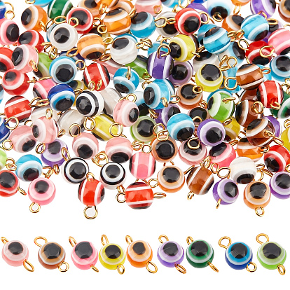 Resin Beads Link Connectors, with Golden Brass Eye Pin, Round with Evil Eye