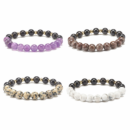 Natural Wood & Stone Round Beaded Stretch Bracelet, Yoga Gemstone Jewelry for Women