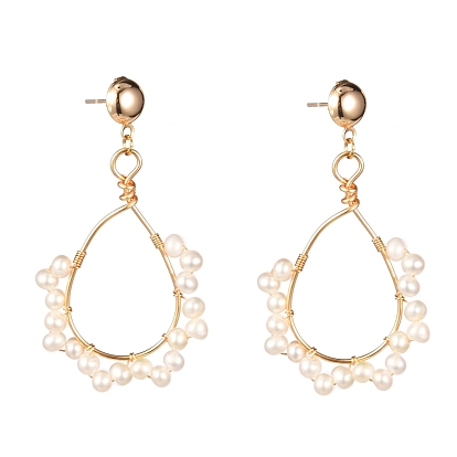 Teardrop Natural Pearl Beads Dangle Stud Earrings for Girl Women, Golden