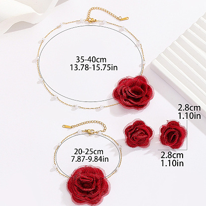 Ожерелья с подвесками из розовой ткани и пластикового жемчуга, браслеты с подвесками и комплекты серег-гвоздиков, 304 нержавеющей стали ювелирных изделий, золотые