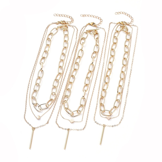 Double Layered & Chain Necklaces Sets, with Brass Pendants & Cable Chains, Aluminium Paperclip Chains, 304 Stainless Steel Toggle Clasps & Lobster Claw Clasps, Stick