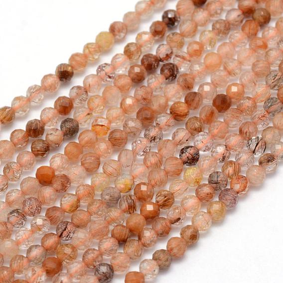 Natural Rutilated Quartz Beads Strands, Round, Faceted
