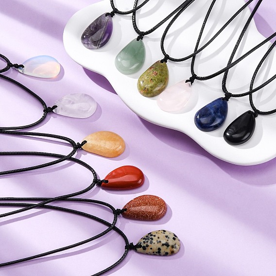 Подвеска в виде капли драгоценного камня, регулируемые ожерелья из черного вощеного шнура