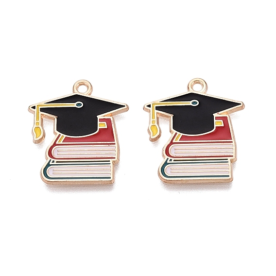 Back to School Alloy Enamel Pendants, Graduation Cap & Book Charms, Light Gold