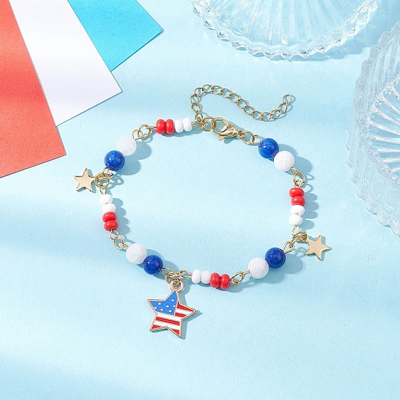 День независимости браслеты из натуральных крашеных желтых нефритовых круглых бусин и стеклянных бусин, браслеты с подвесками из эмалевого сплава со звездами для мужчин и женщин