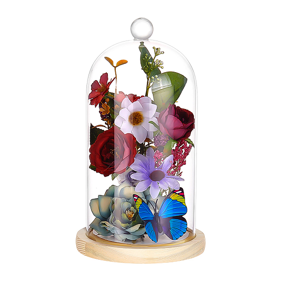 Couvercle de dôme en verre en arc, vitrine décorative, terrarium cloche cloche avec base en bois